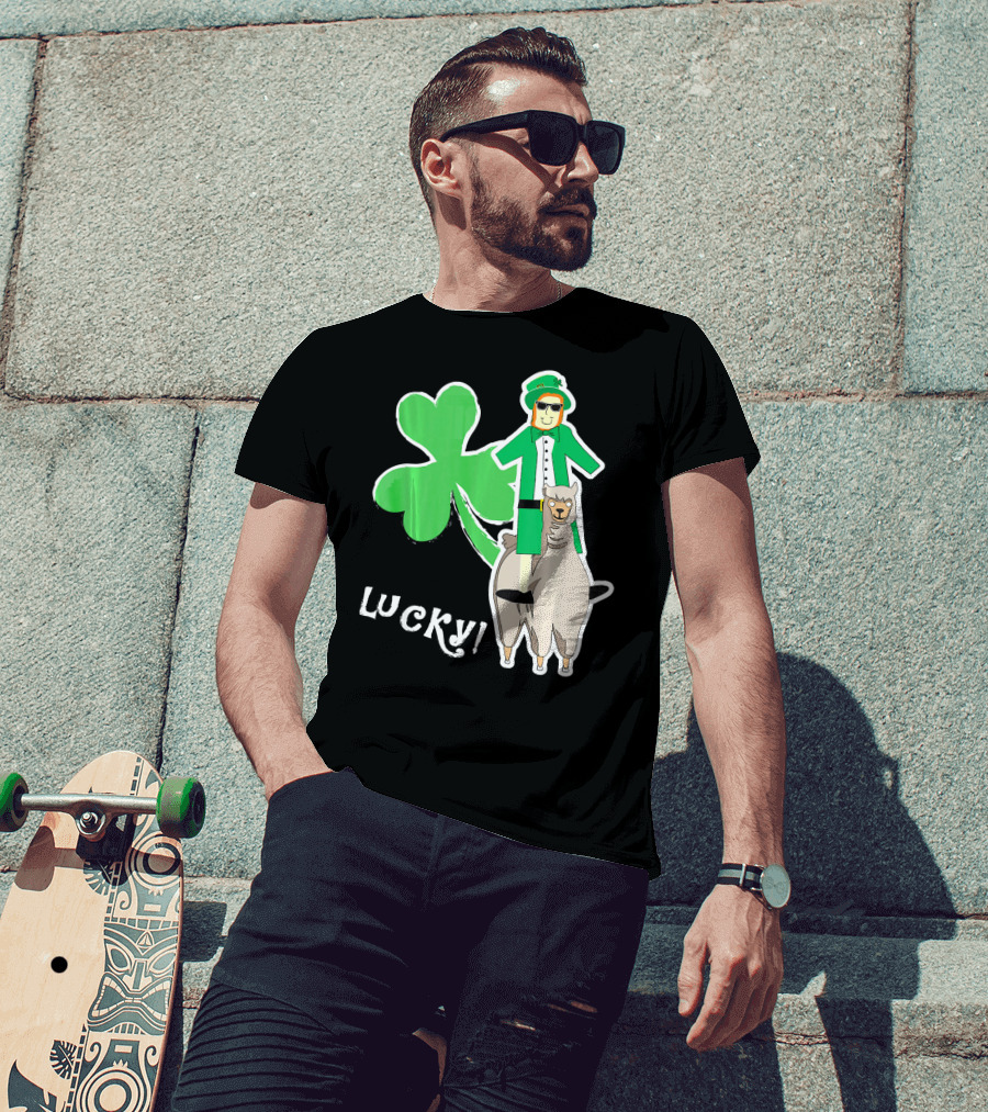 Lucky Leprechaun Riding Llama With Shamrock Irish T-Shirt