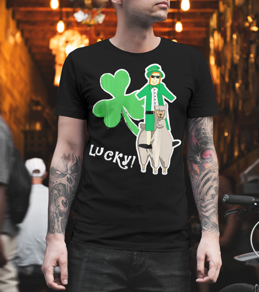 Lucky Leprechaun Riding Llama with Shamrock Irish T-Shirt