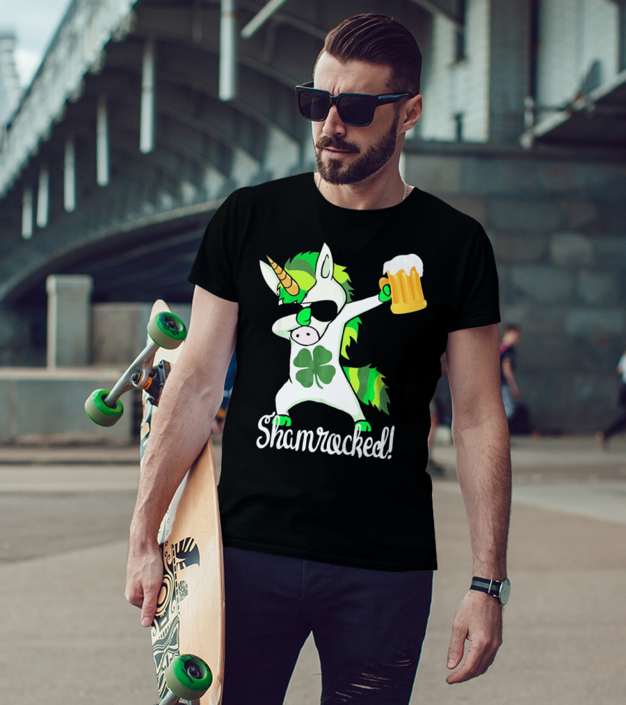 Shamrocked Funny St. Patrick's Day Unicorn With Beer Mug T-Shirt