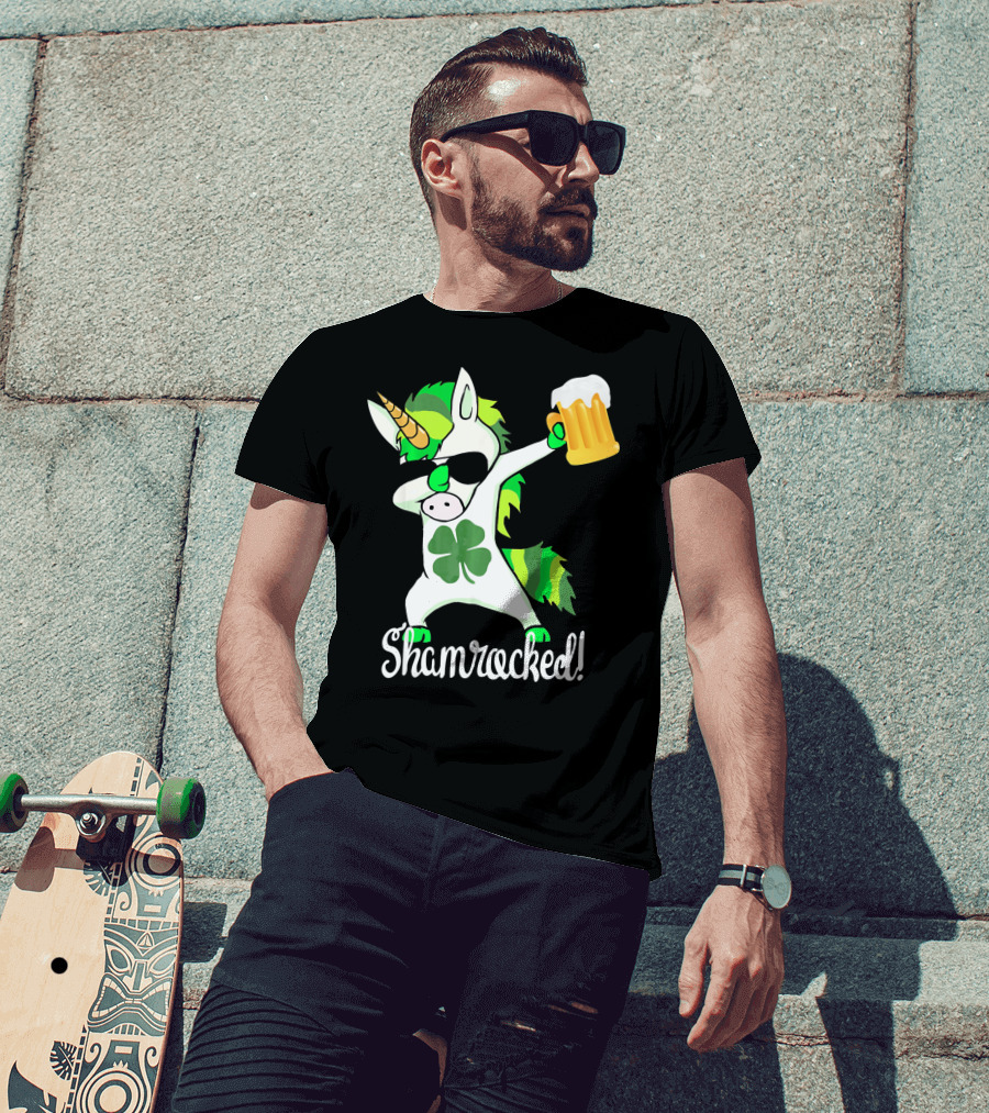 Shamrocked Funny St. Patrick's Day Unicorn With Beer Mug T-Shirt