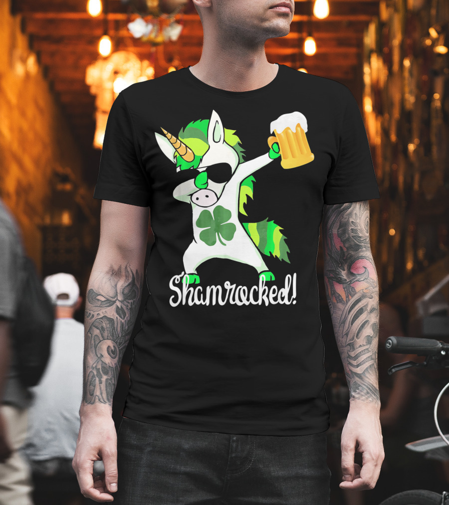 Shamrocked Funny St. Patrick's Day Unicorn with Beer Mug T-Shirt