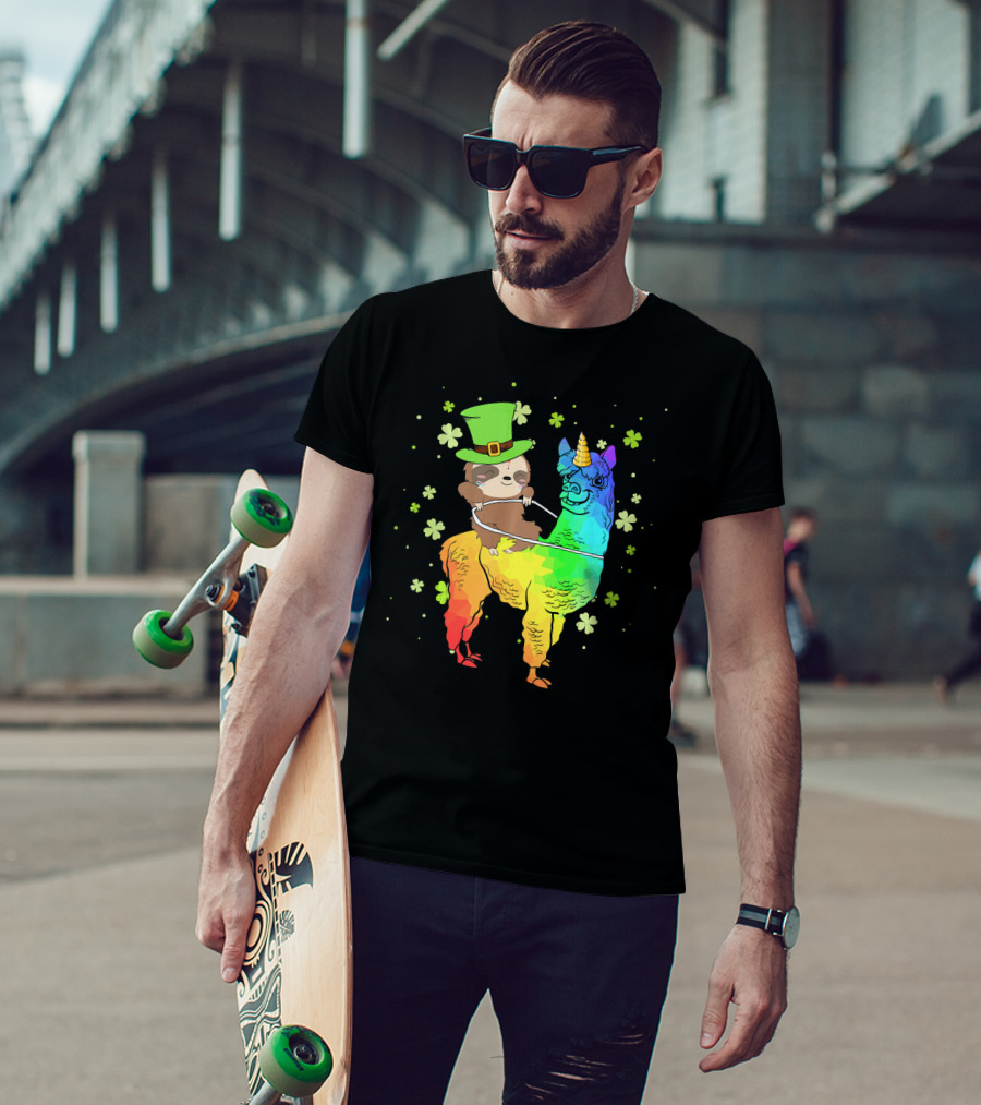 Leprechaun Sloth Riding Rainbow Llama Unicorn St Patrick's Clover T-Shirt