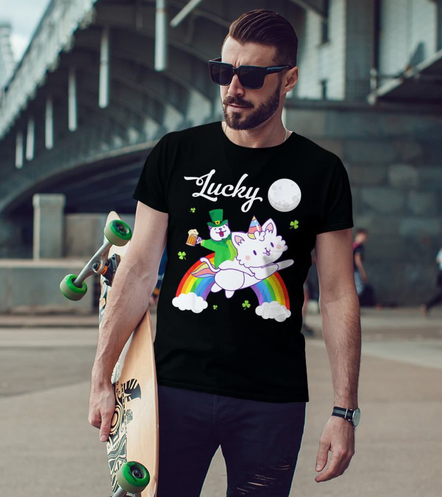 Lucky Leprechaun Cat Riding Unicorn Cat Over Rainbow With Beer And Moon T-Shirt
