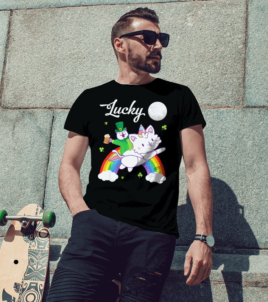 Lucky Leprechaun Cat Riding Unicorn Cat Over Rainbow With Beer And Moon T-Shirt
