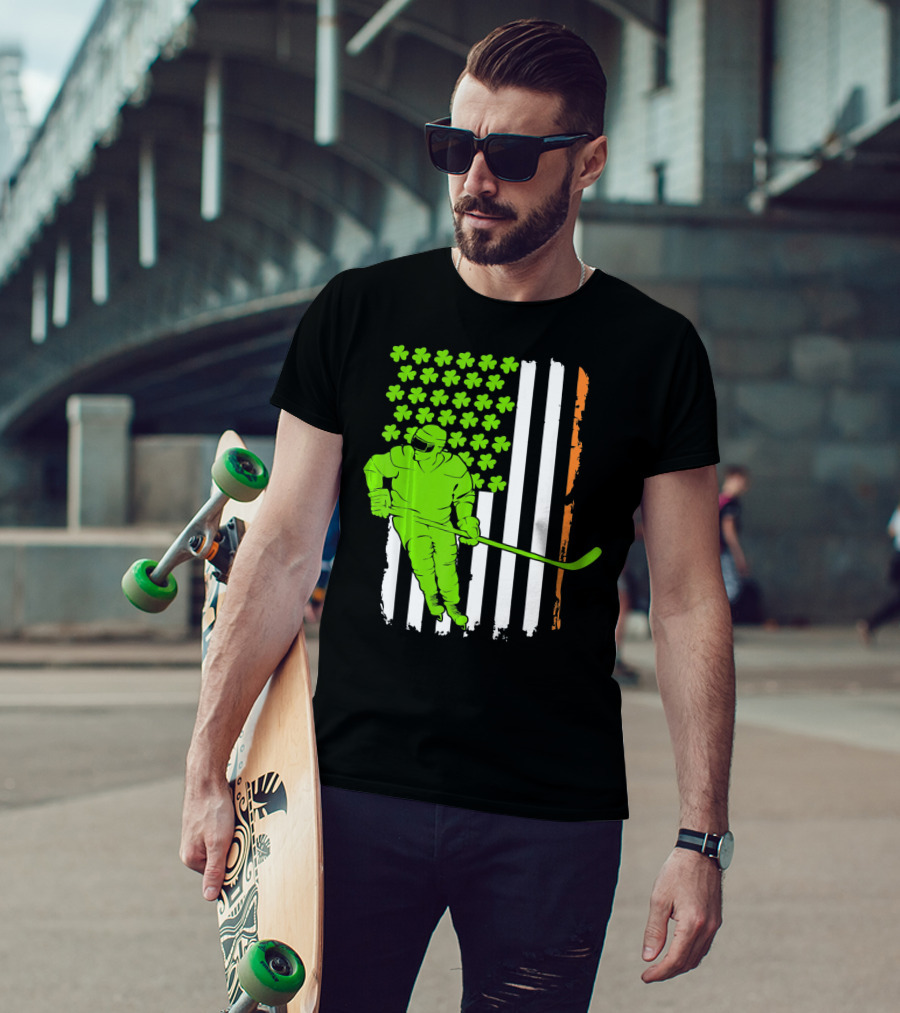 Irish American Flag St Pat Hockey Player Shamrock Stars T-Shirt
