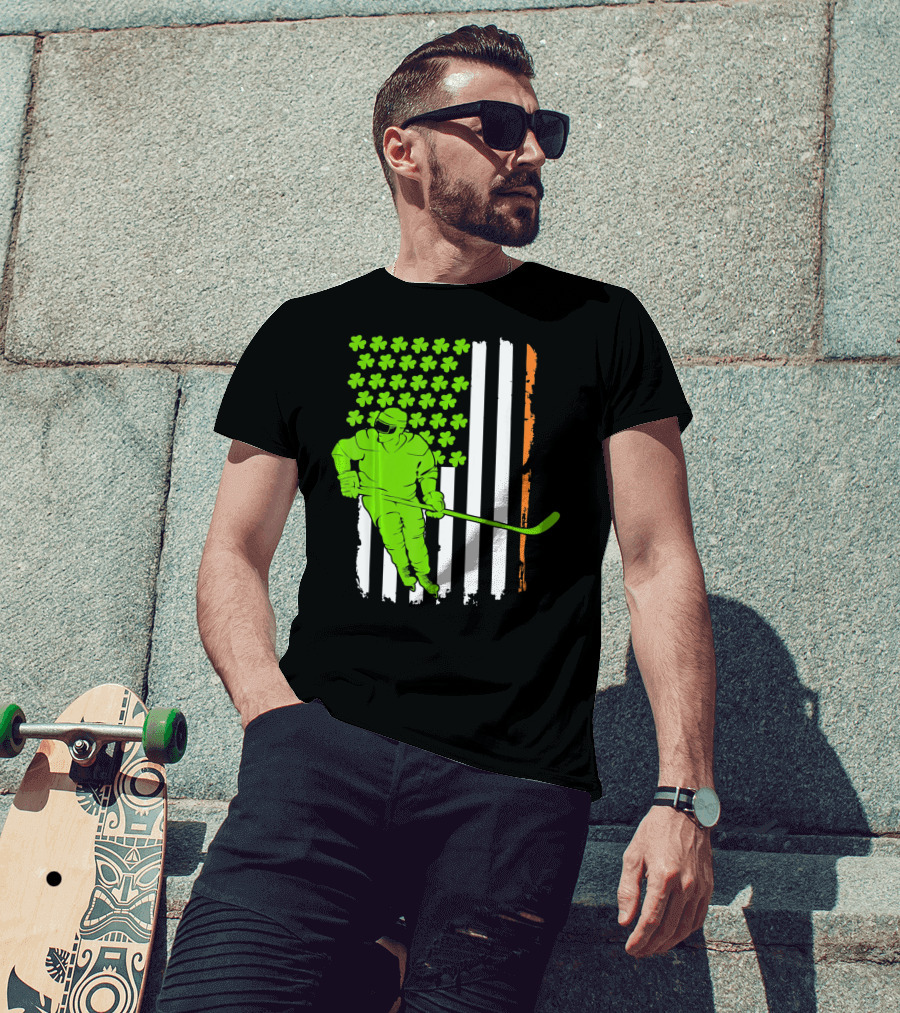 Irish American Flag St Pat Hockey Player Shamrock Stars T-Shirt