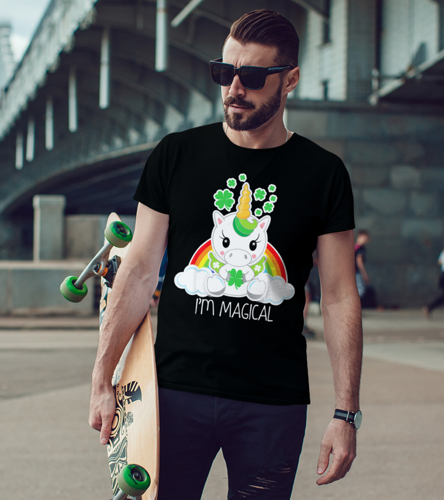 Girls Cute Unicorn I'm Magical Rainbow Clover T-Shirt