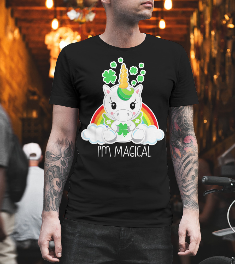 Girls Cute Unicorn I'm Magical Rainbow Clover T-Shirt