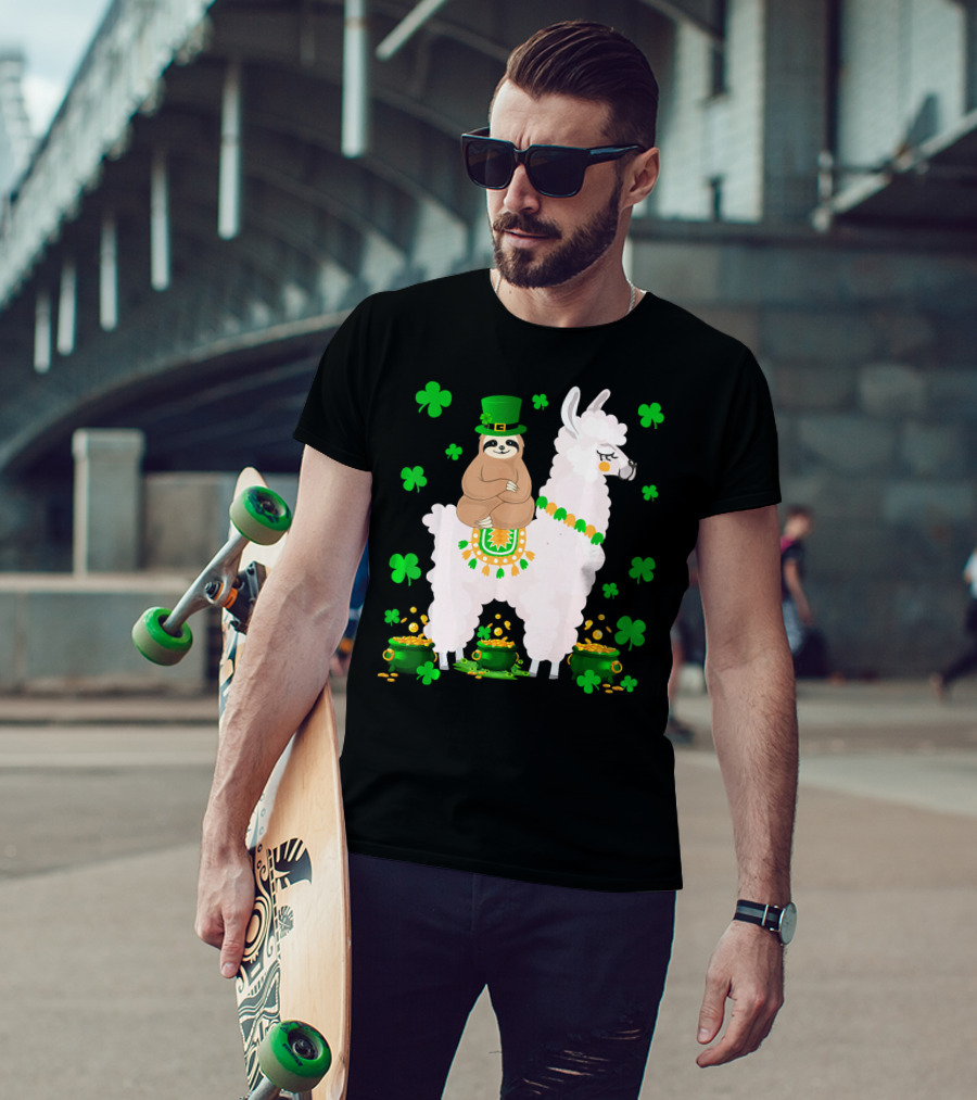 Leprechaun Sloth Riding Llama Surrounded By Shamrocks And Gold Coins St. Patric T-Shirt