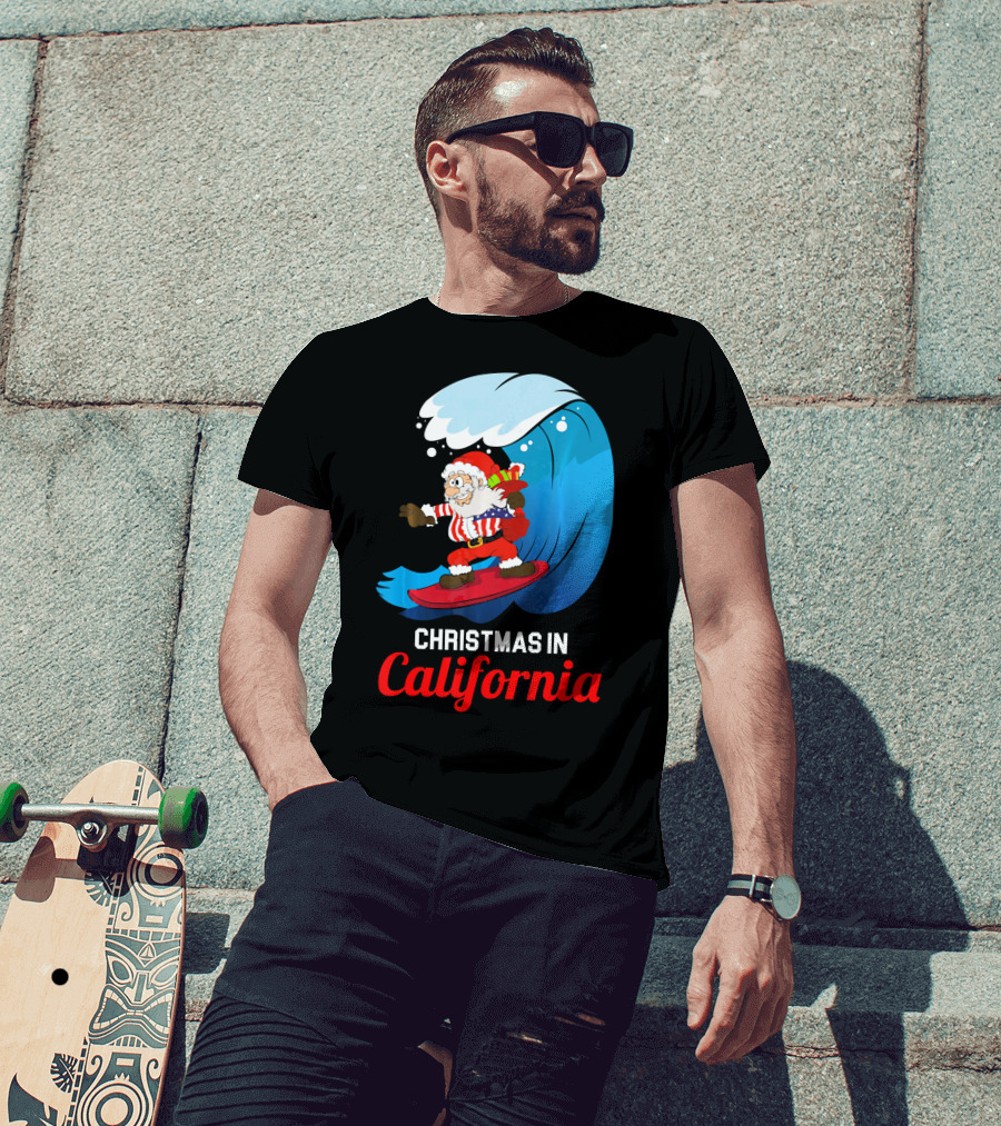 Santa Surfing Christmas In California T-Shirt