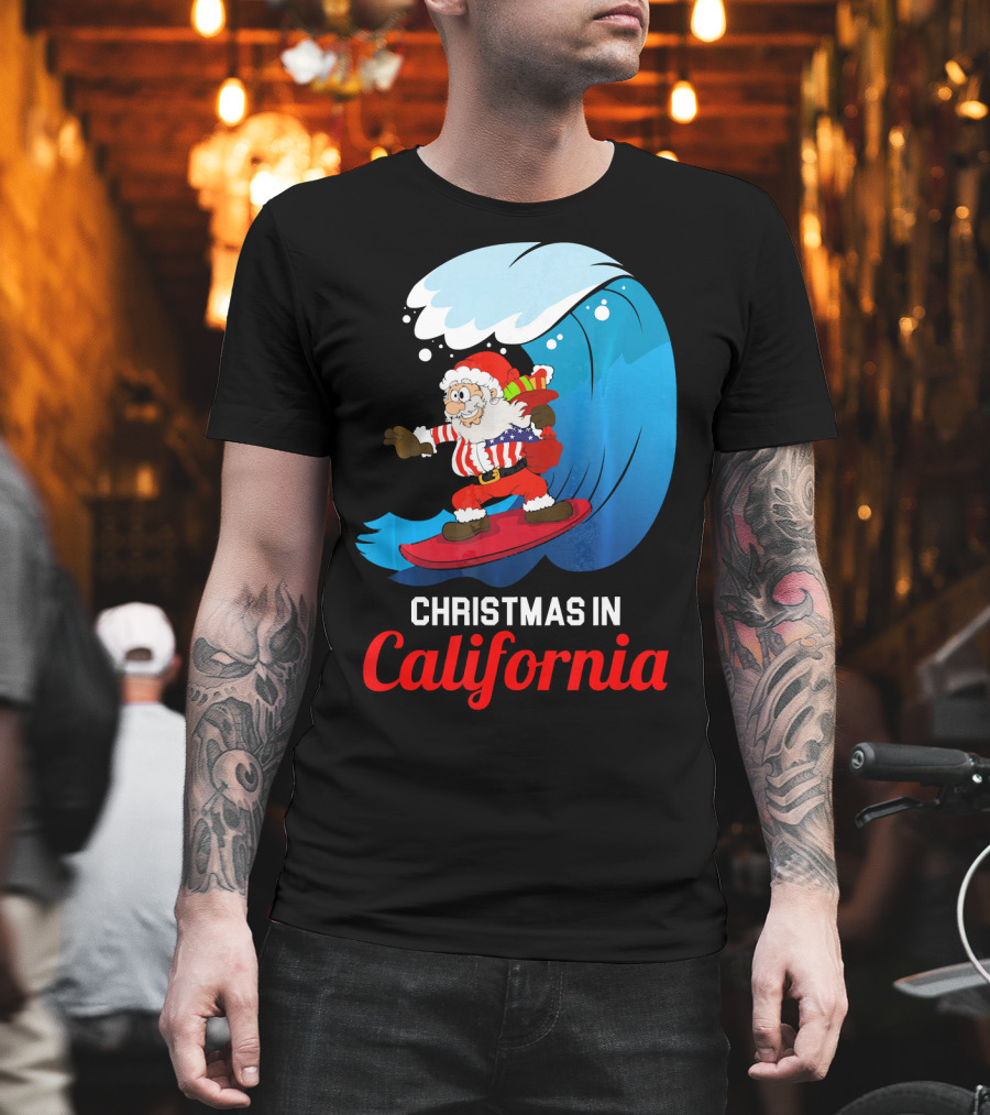 Santa Surfing Christmas in California T-Shirt