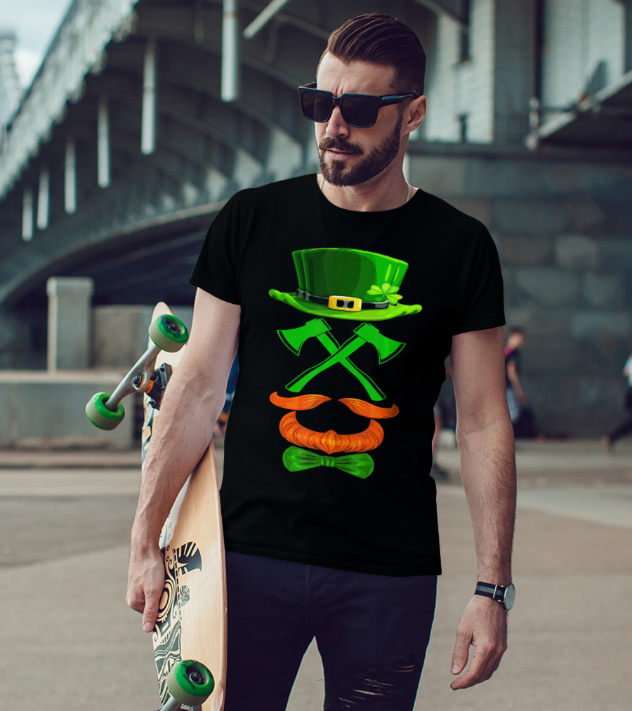 Leprechaun Hat And Crossed Axes With Orange Beard And Bow Tie T-Shirt