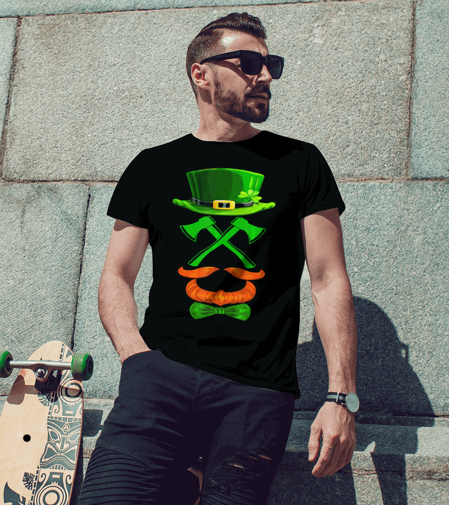 Leprechaun Hat And Crossed Axes With Orange Beard And Bow Tie T-Shirt
