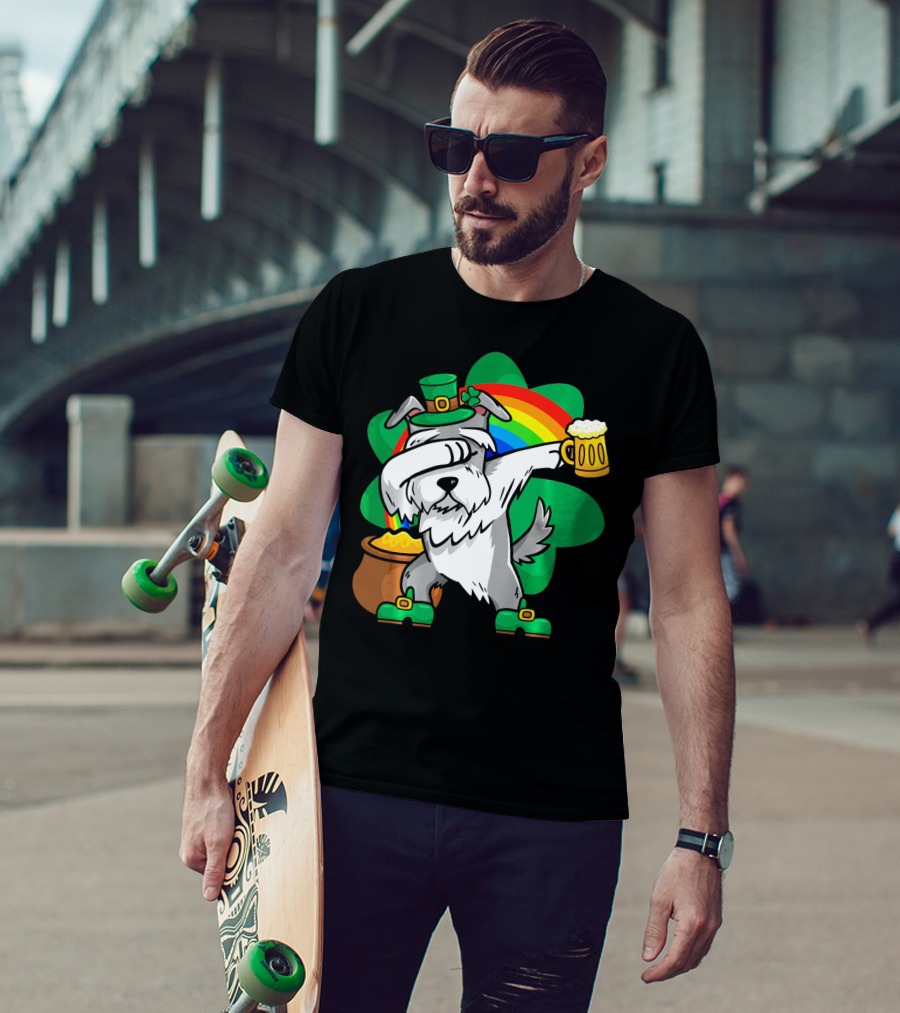 Funny Dabbing Schnauzer Leprechaun With Beer And Rainbow T-Shirt