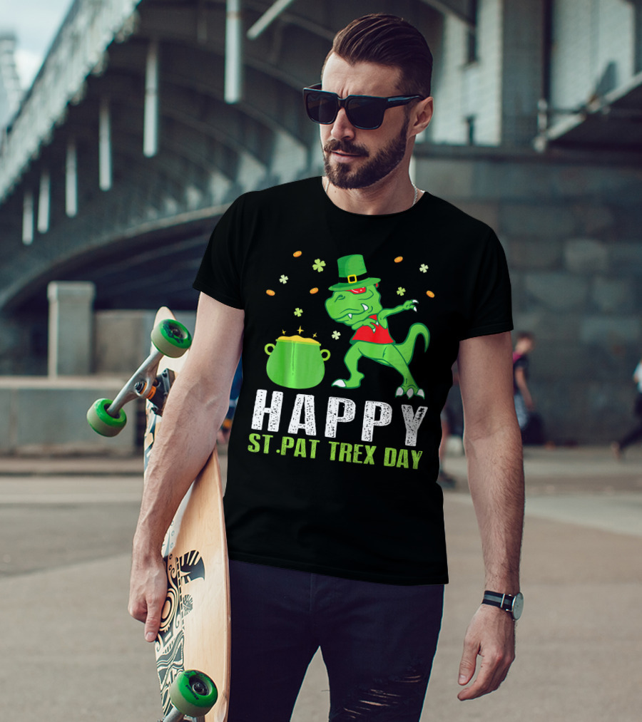 Happy St. Pat T-Rex Day Dinosaur Leprechaun Dabbing Pot Gold T-Shirt