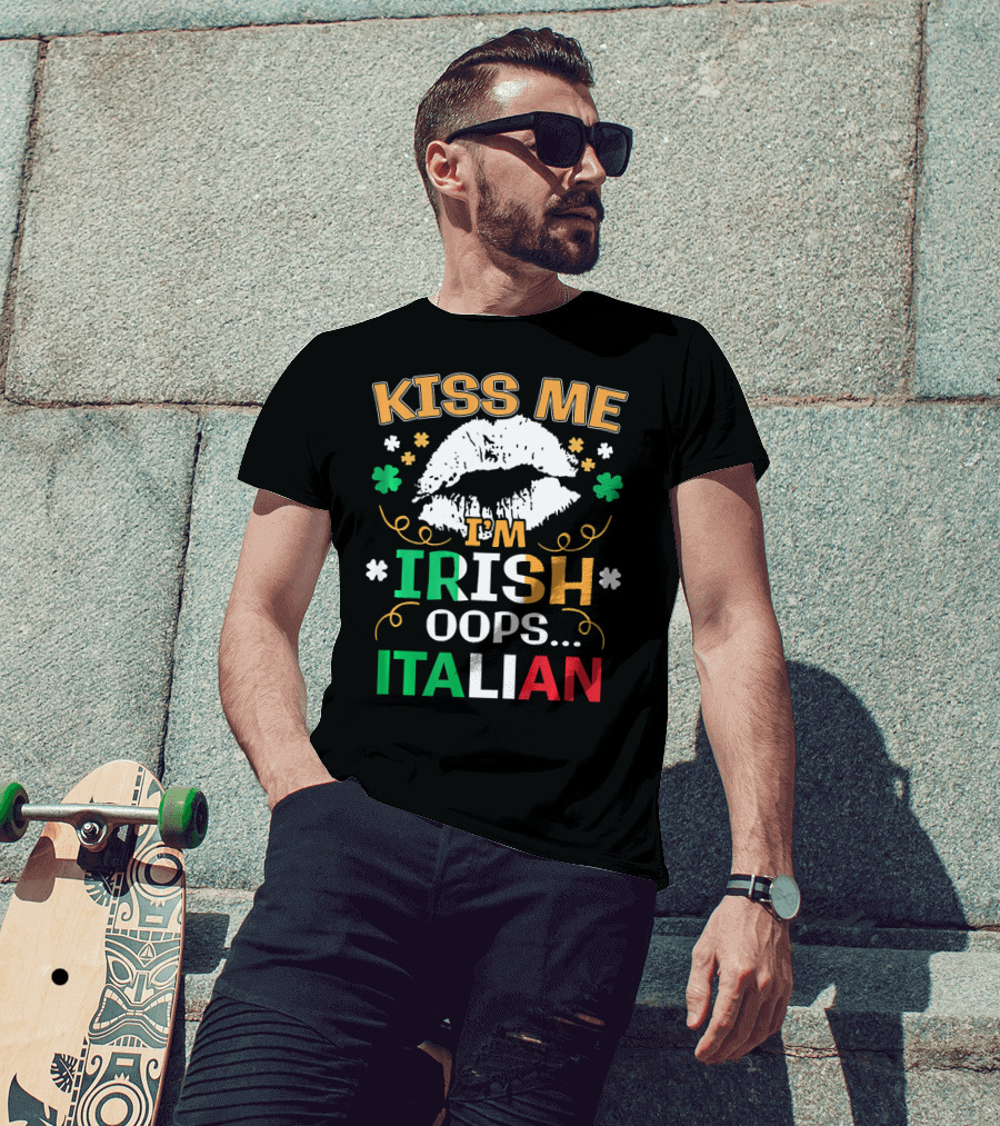 Kiss Me I'm Irish Oops Italian St Patrick Lips Shamrocks T-Shirt
