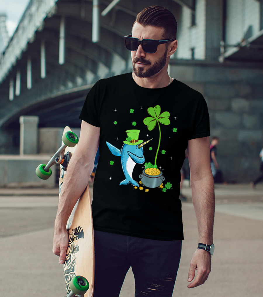 Shamrock Leprechaun Narwhal With Pot Of Gold St Patricks T-Shirt