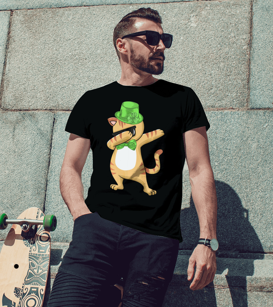 Dabbing Cat St Patricks Day Leprechaun Green Hat Clover Bow Tie T-Shirt