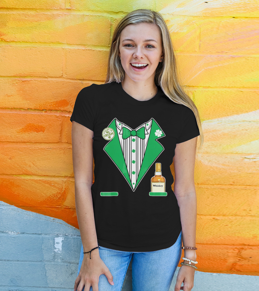 Kiss Me I'm Irish St. Patrick's Day Tuxedo With Whiskey Bottle And Shamrock T-Shirt