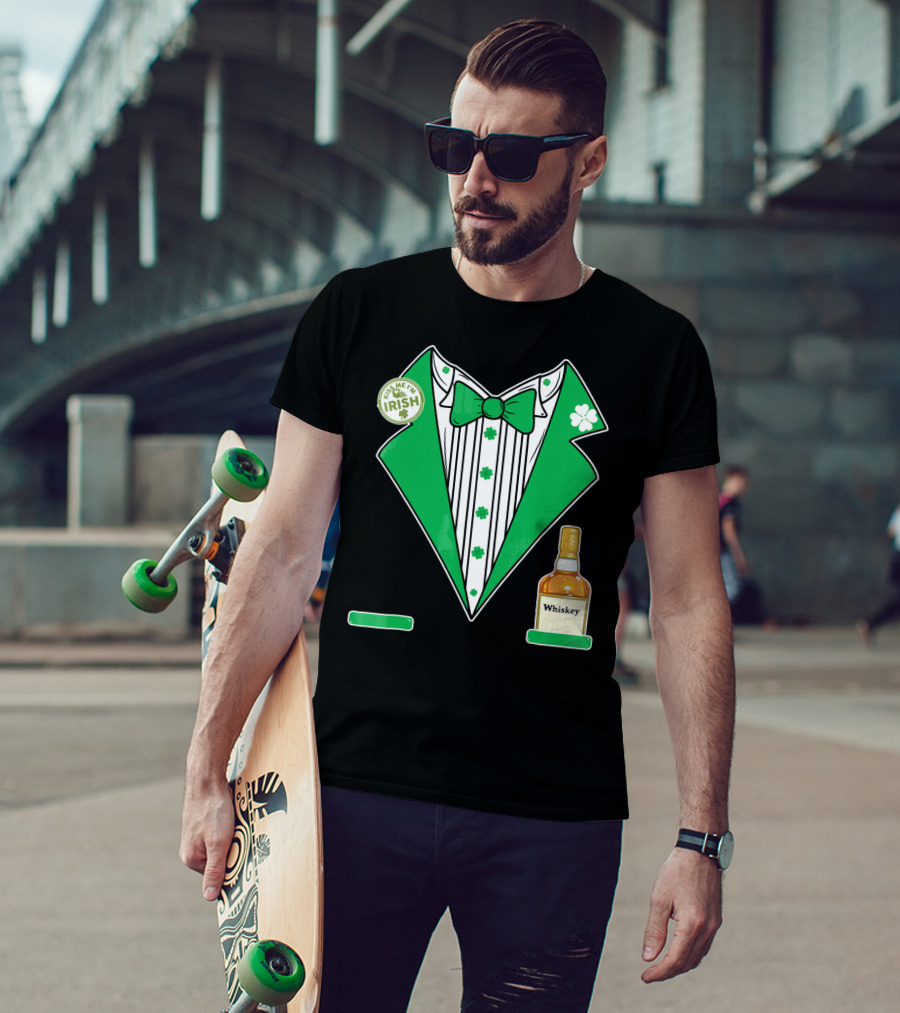 Kiss Me I'm Irish St. Patrick's Day Tuxedo With Whiskey Bottle And Shamrock T-Shirt