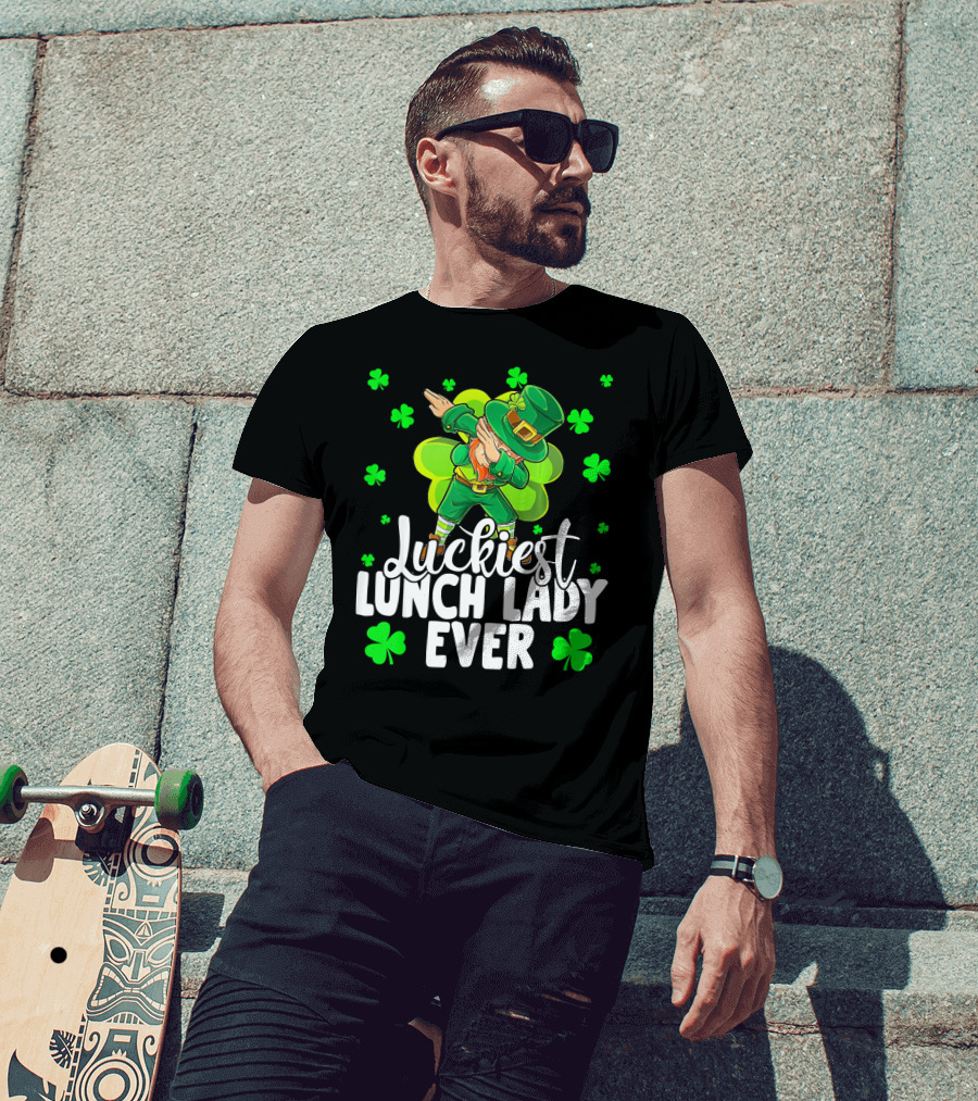 Luckiest Lunch Lady Ever Dancing Leprechaun With Shamrocks T-Shirt