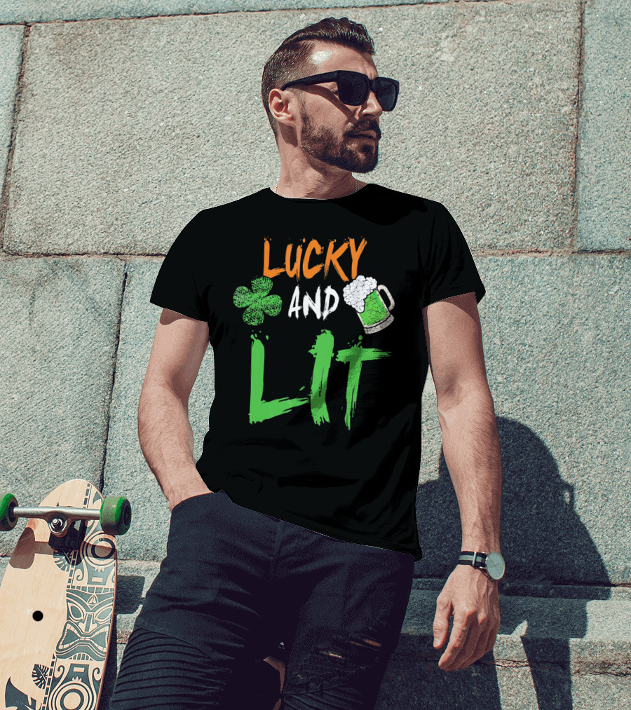 Lucky And Lit Irish Flag Shamrock Beer St. Patrick's Day T-Shirt
