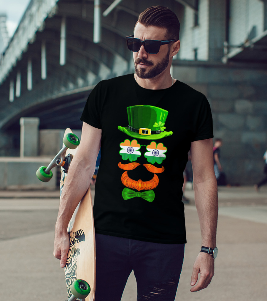 India Flag Shamrock Leprechaun Green Hat Orange Mustache Bow Tie T-Shirt