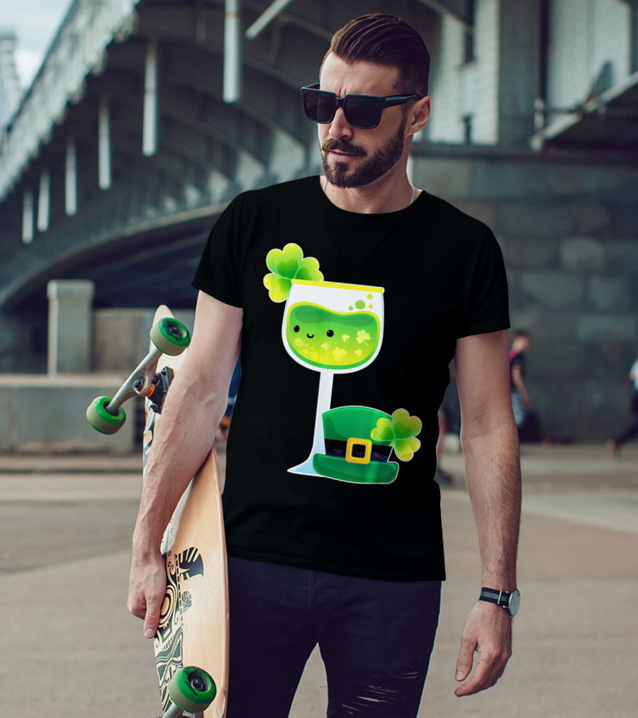 Saint Patrick's Day Green Shamrock Wine Glass With Leprechaun Hat T-Shirt