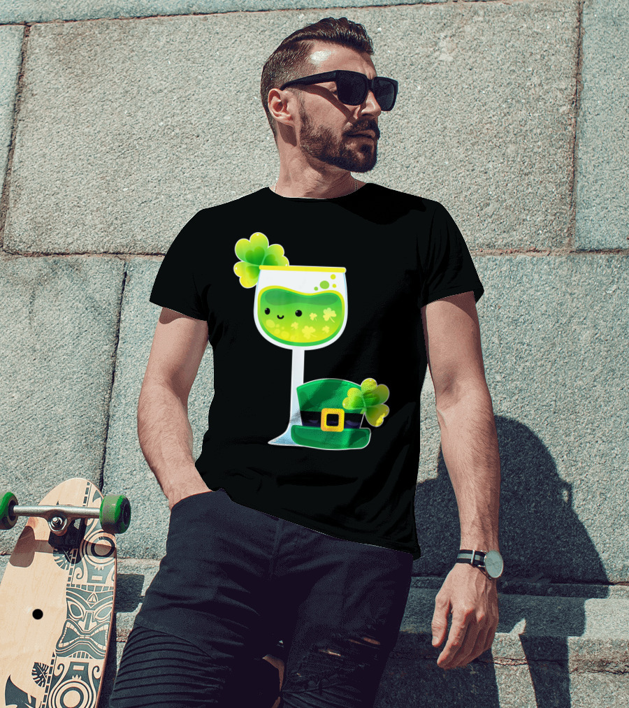 Saint Patrick's Day Green Shamrock Wine Glass With Leprechaun Hat T-Shirt