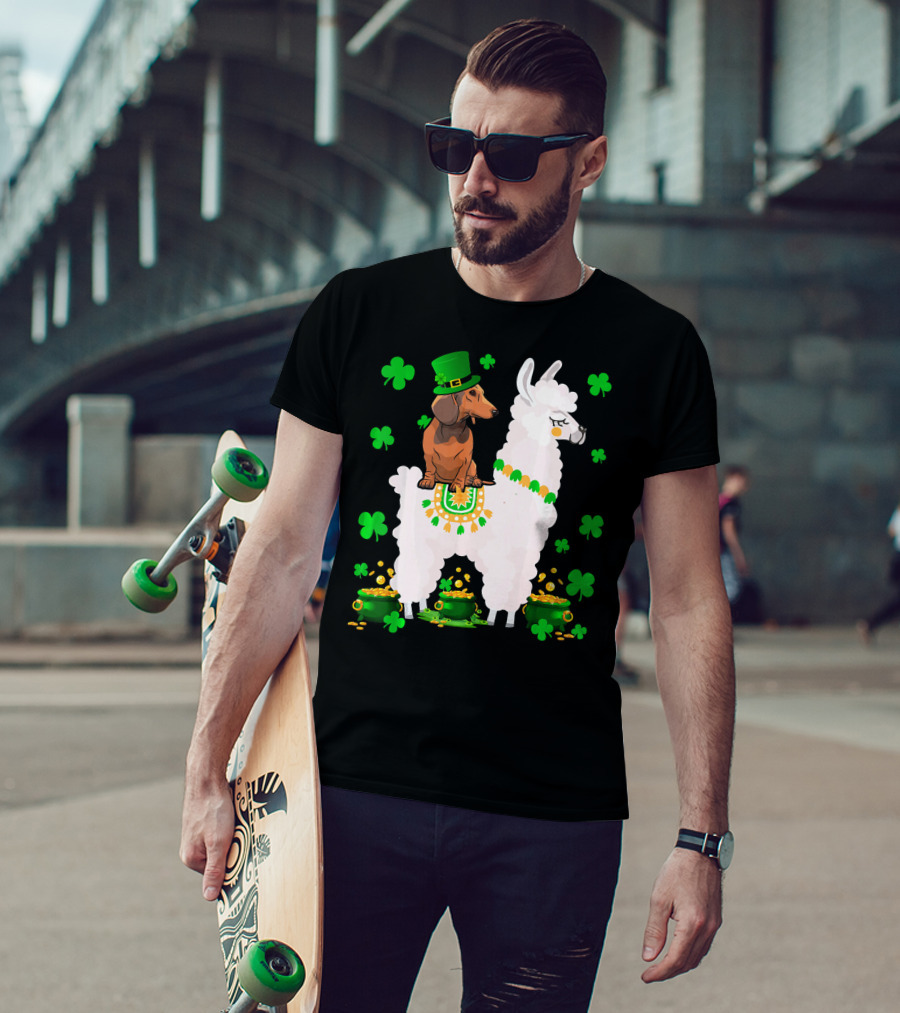 Leprechaun Dachshund Riding Llama Shamrocks Pots Of Gold T-Shirt