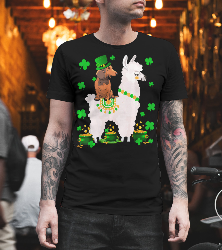 Leprechaun Dachshund Riding Llama Shamrocks Pots Of Gold T-Shirt