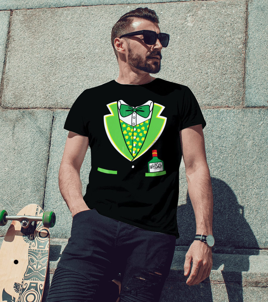 St Patricks Day Tuxedo Costume With Shamrock Vest And Whisky Flask T-Shirt