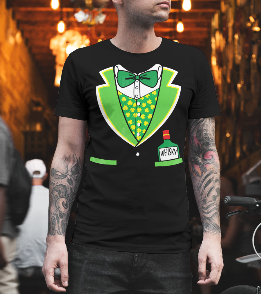 St Patricks Day Tuxedo Costume with Shamrock Vest and Whisky Flask T-Shirt