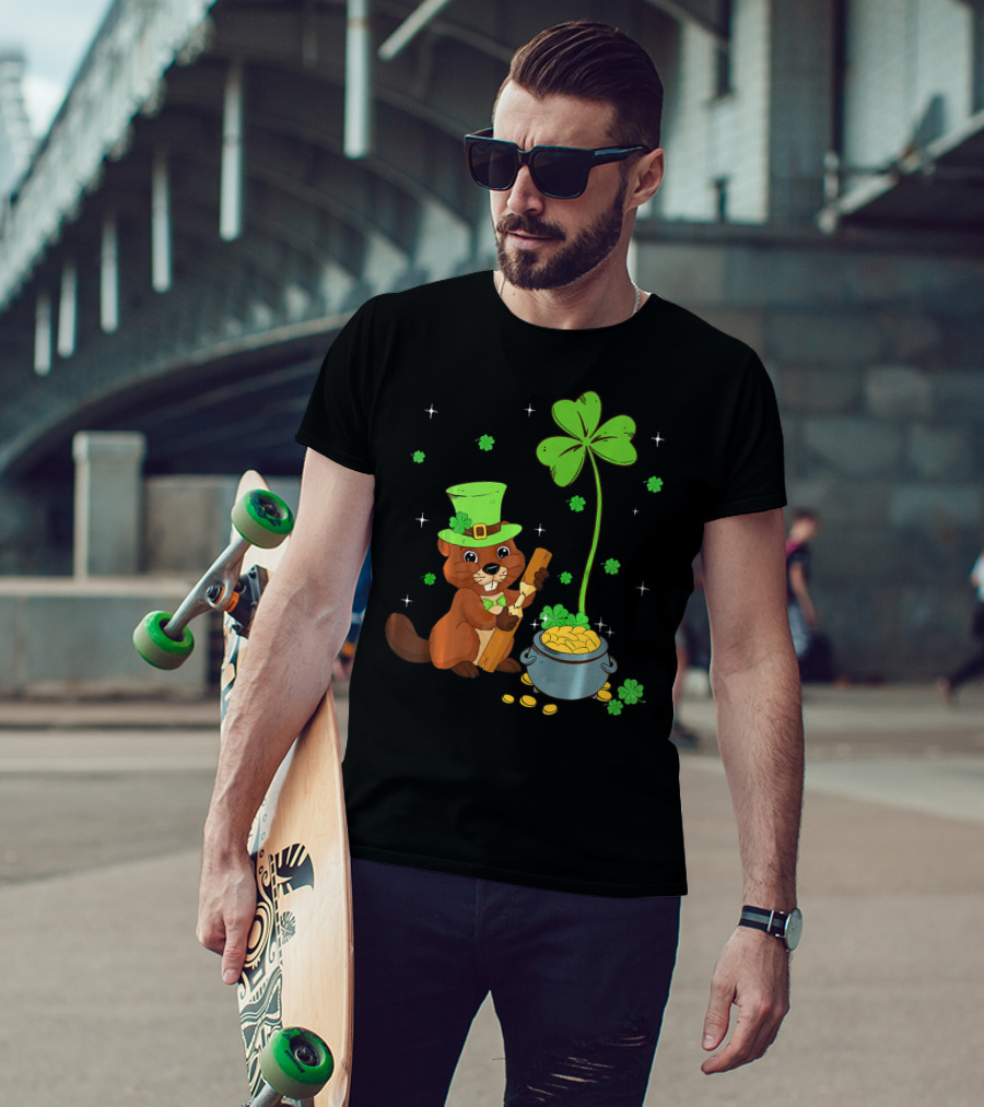 Shamrock-Leprechaun Beaver With Pot Of Gold And Clover For St Patricks T-Shirt