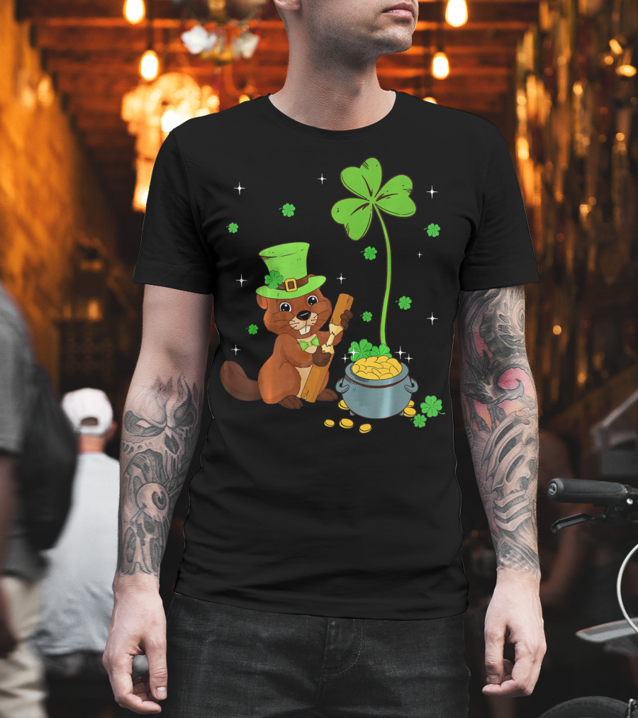 Shamrock-Leprechaun Beaver With Pot Of Gold And Clover For St Patricks T-Shirt