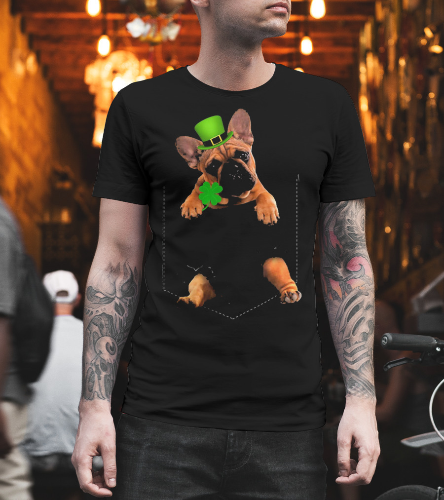 French Bulldog with Shamrock and Leprechaun Hat for St Patricks Day T-Shirt