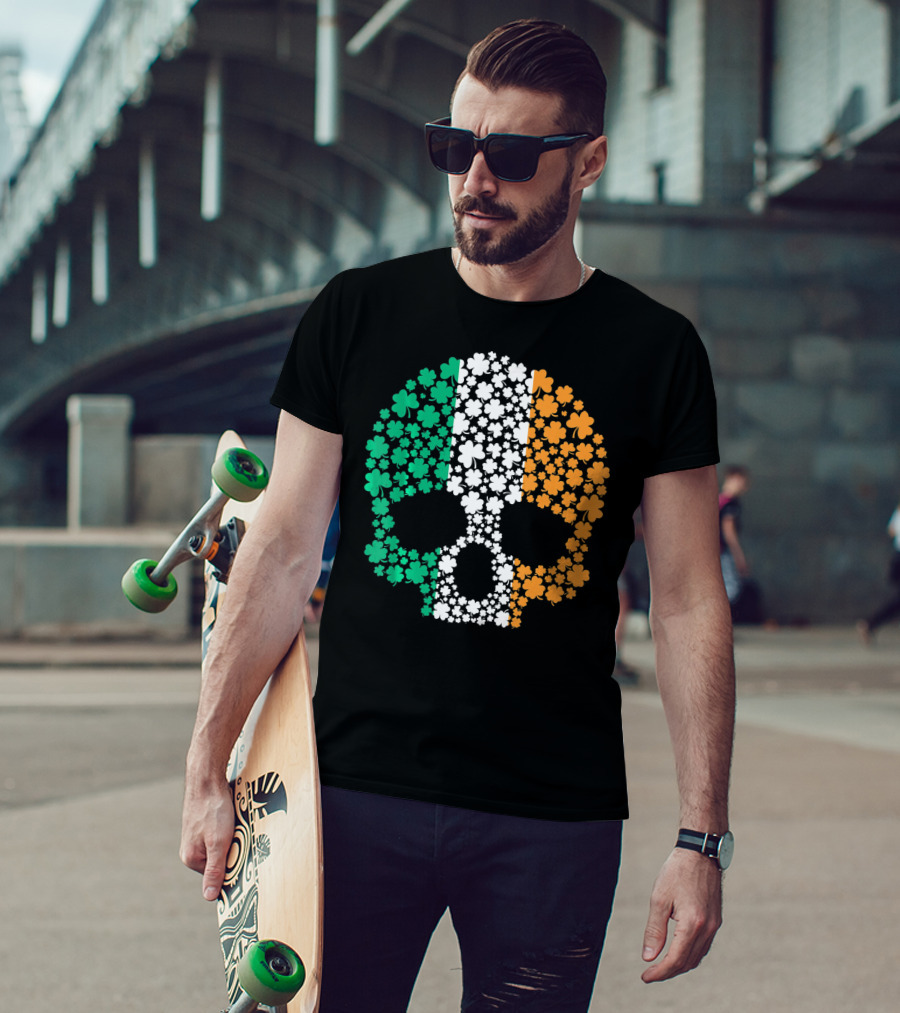 Irish Shamrock Skull With Tricolor Pattern For St. Patrick's Day T-Shirt
