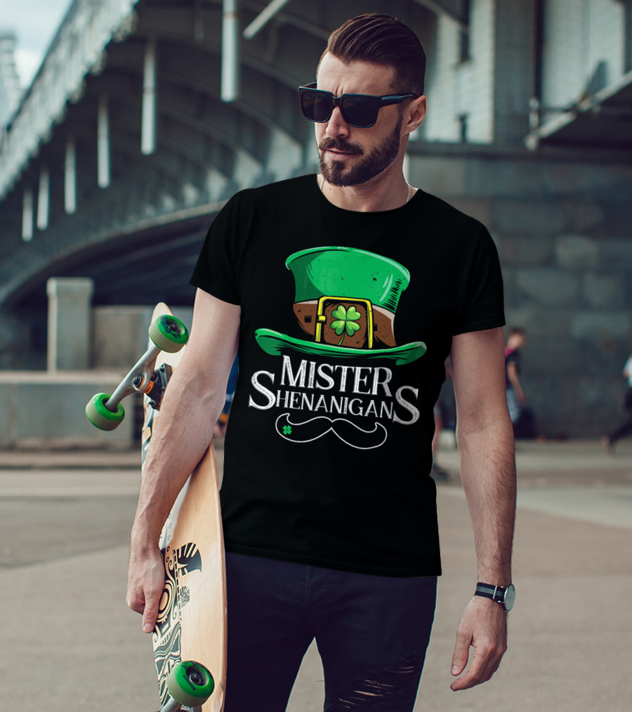 Mister Shenanigans St Patricks Hat With Clover And Mustache T-Shirt