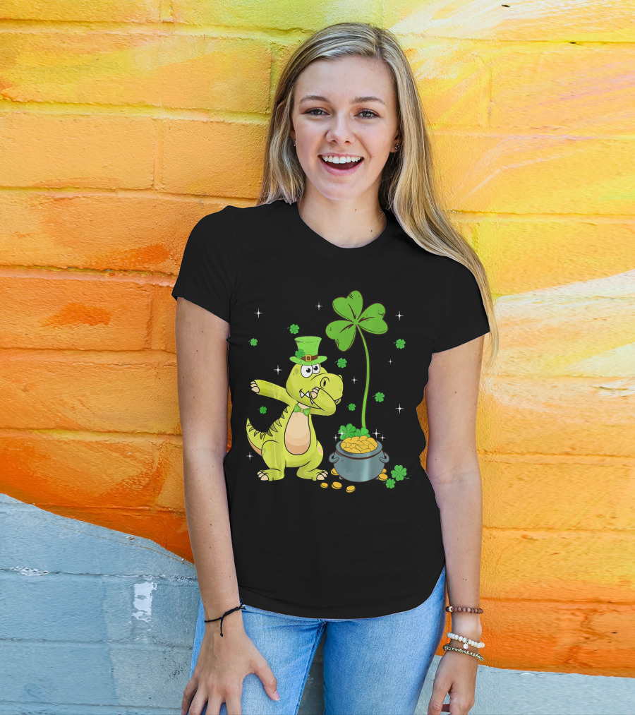 Shamrock Dabbing Dinosaur Leprechaun Gold Pot St Patricks T-Shirt