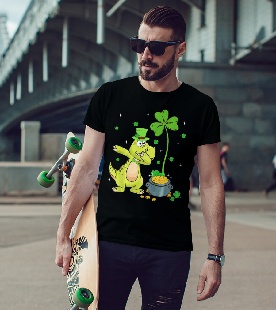Shamrock Dabbing Dinosaur Leprechaun Gold Pot St Patricks T-Shirt