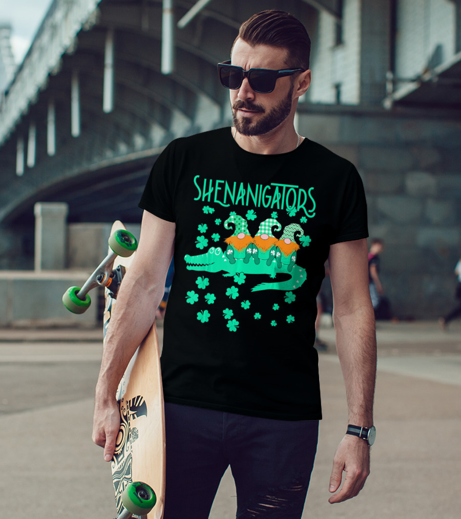 Shenanigators Funny Cute Alligator With Gnomes And Shamrocks T-Shirt