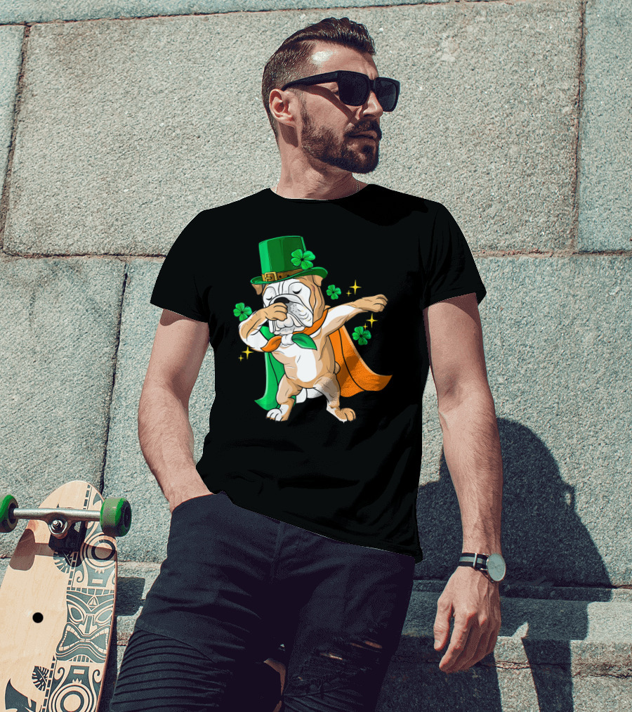 Irish Bulldog Dabbing Leprechaun With Shamrocks T-Shirt