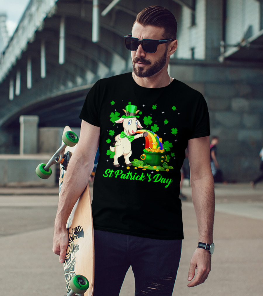 St Patrick's Day Leprechaun Goat Shamrock Rainbow Pot Of Gold T-Shirt