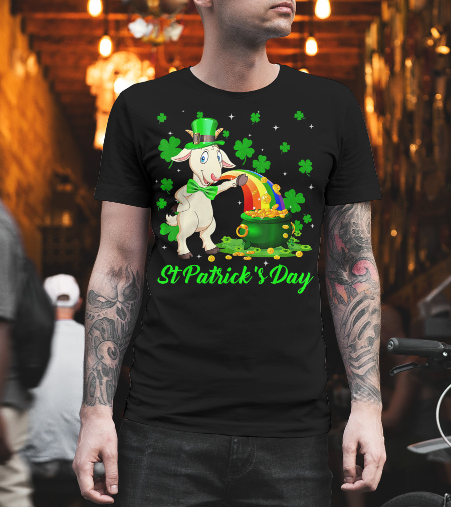 St Patrick's Day Leprechaun Goat Shamrock Rainbow Pot of Gold T-Shirt