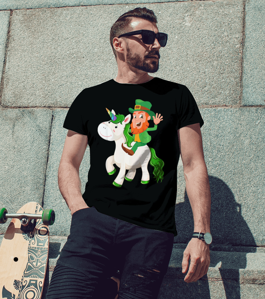 Unicorn Leprechaun Celebration Characters Green Hat And Red Beard Riding Playful Creature T-Shirt