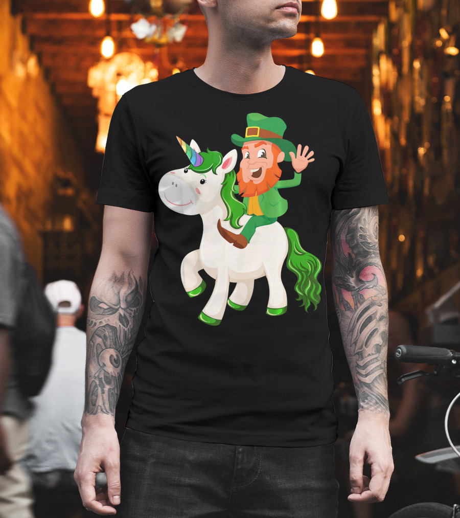 Unicorn Leprechaun Celebration Characters Green Hat and Red Beard Riding Playful Creature T-Shirt