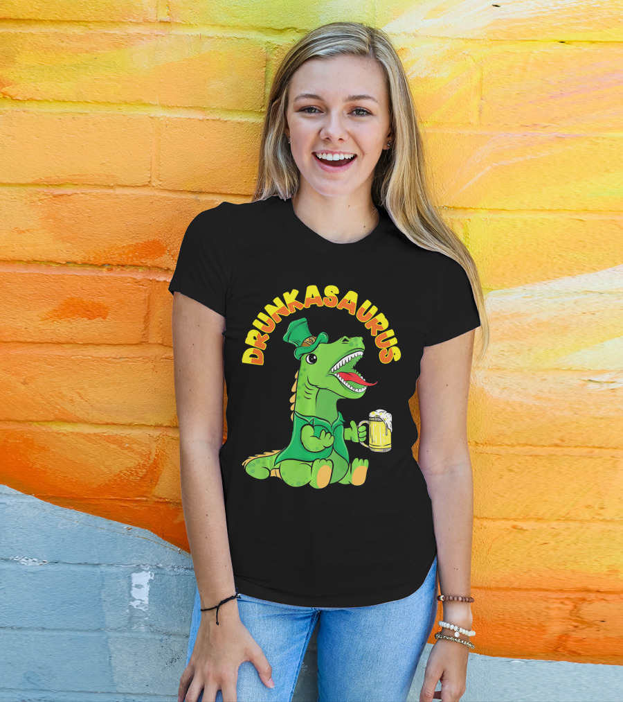 Drunkasaurus Leprechaun Dinosaur With Beer Drink T-Shirt