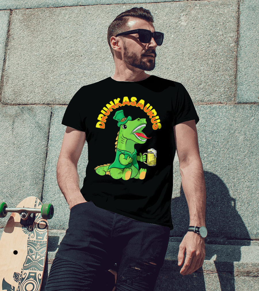 Drunkasaurus Leprechaun Dinosaur With Beer Drink T-Shirt