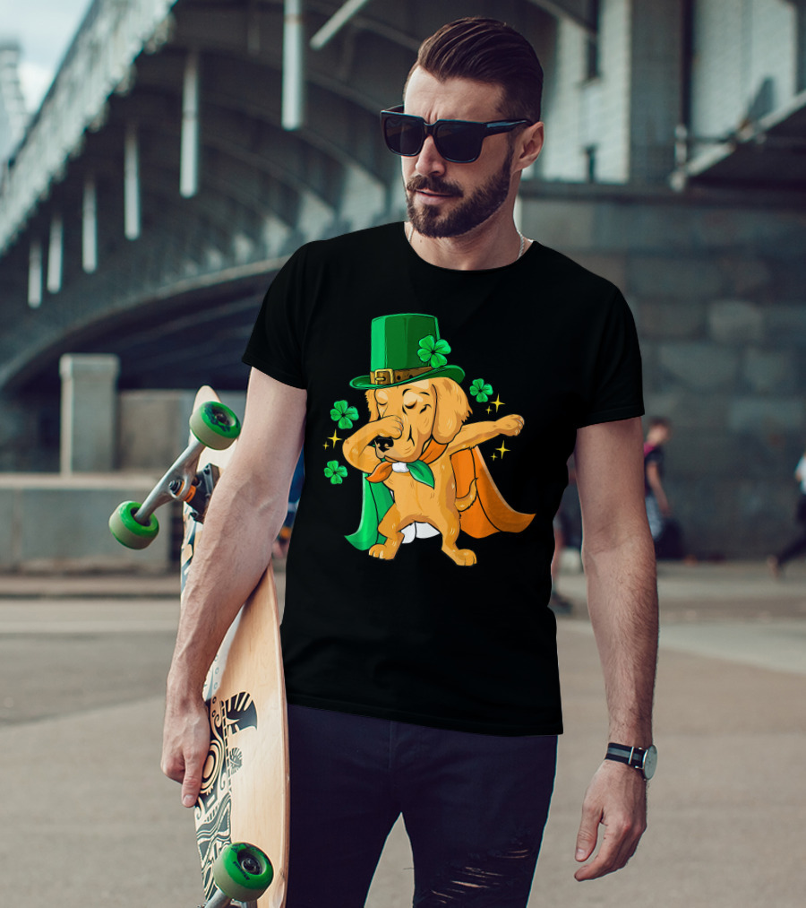 Golden Retriever Dabbing In Leprechaun Hat With Shamrock Cape T-Shirt