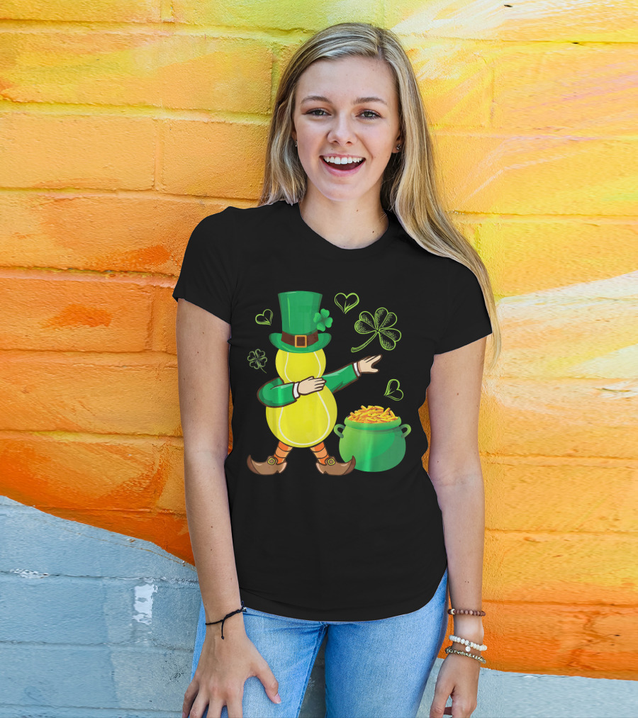 Tennis Leprechaun Dabbing With Gold Pot And Shamrocks T-Shirt